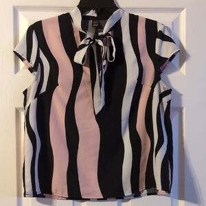 SHEIN Pink and Black Wavy Striped Blouse with Bow